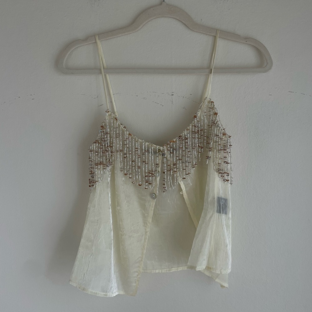 House of Harlow 1960 Ivory Satin Beaded Spaghetti Strap Tank - Picture 4 of 7